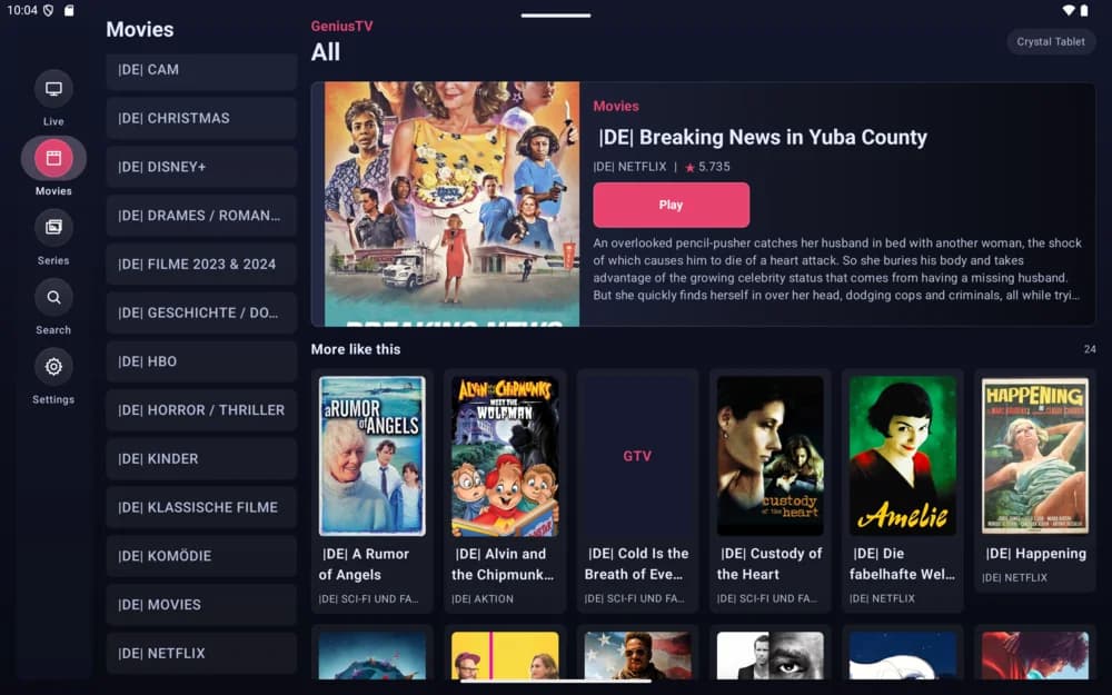 GeniusTV movie library from a user playlist on a tablet