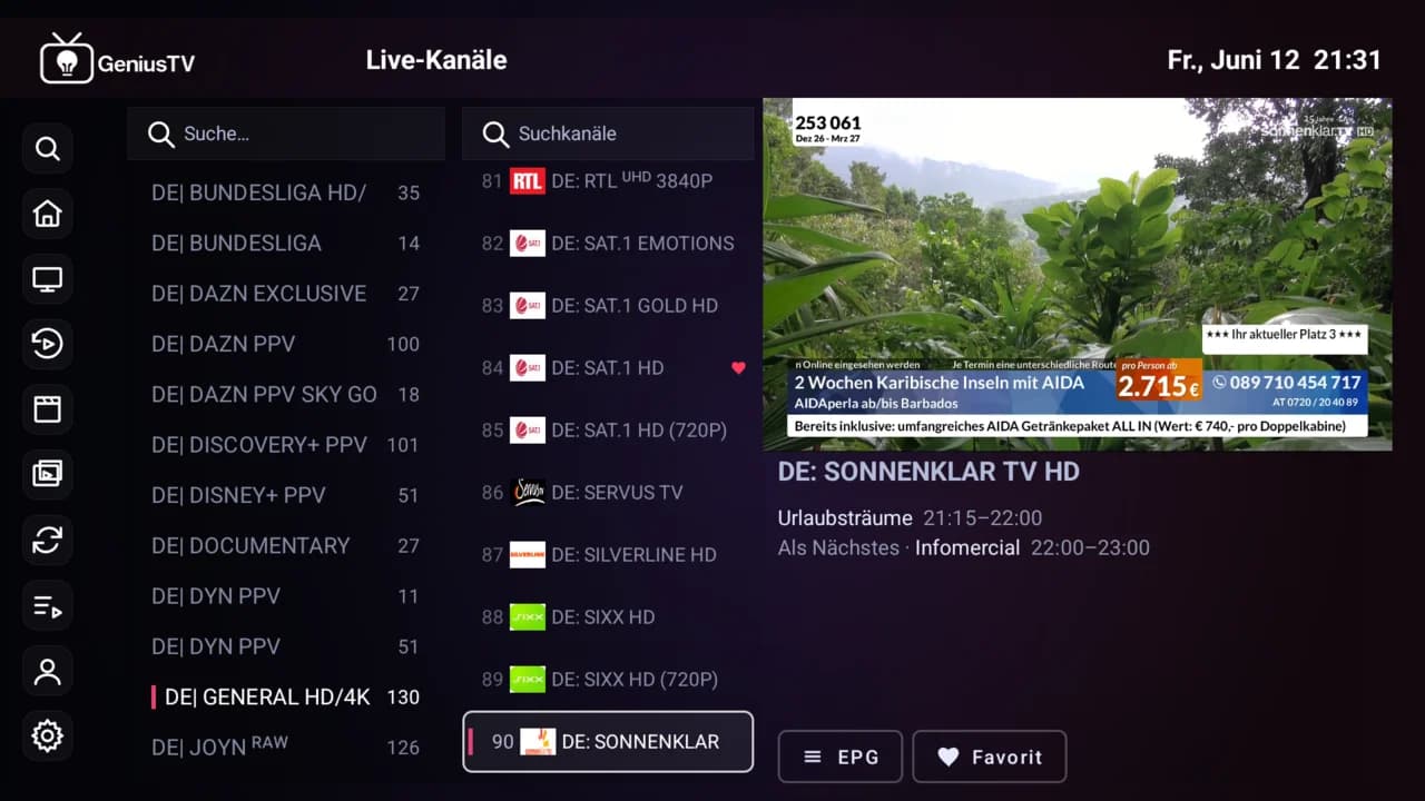 GeniusTV live TV interface on Android TV